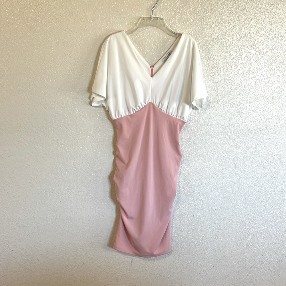 Kate Kasin Pink White Restroom Inspired Rouched Dress Size Small